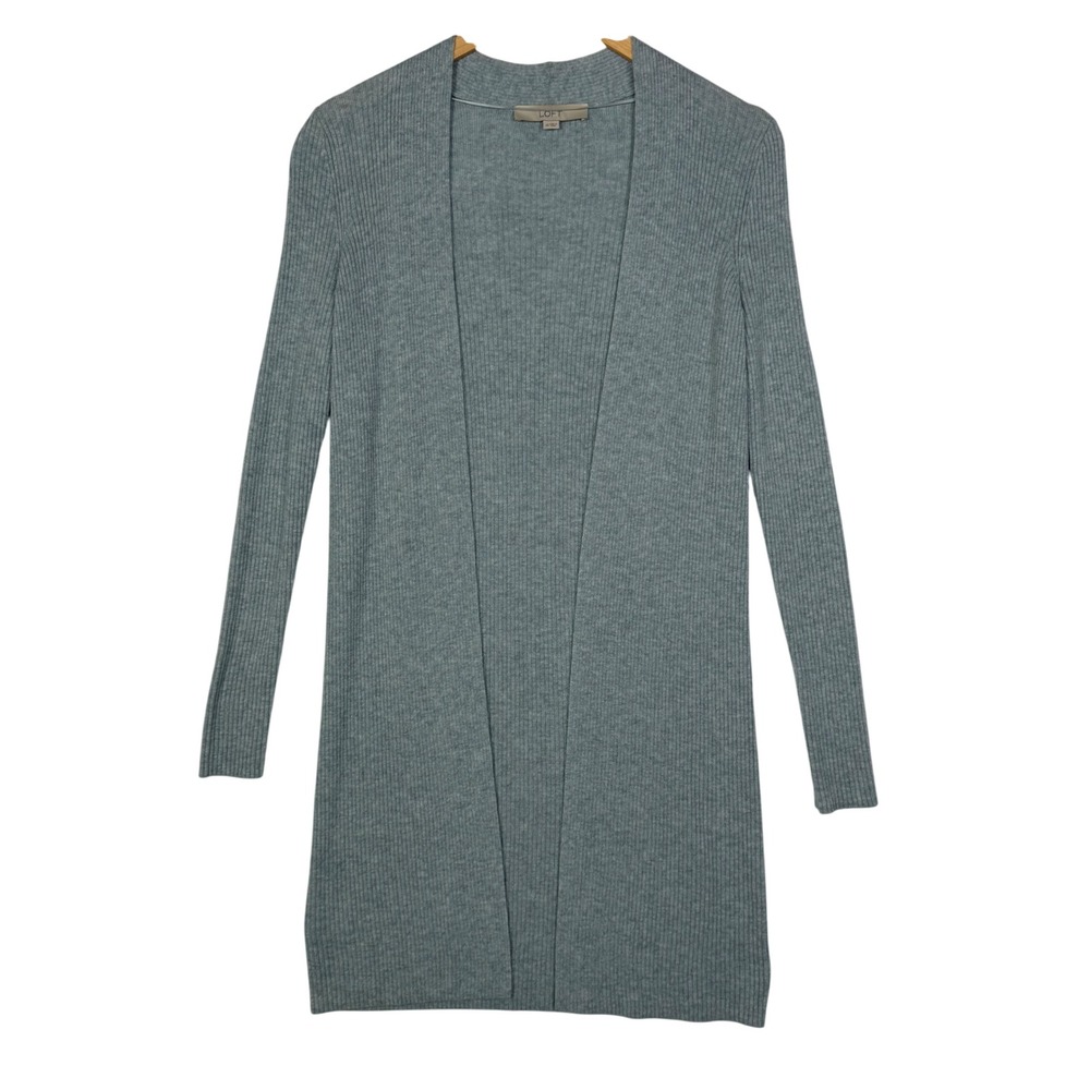 LOFT Womens XS Green Long Cardigan Ribbed Open Front Minimalist Cozy